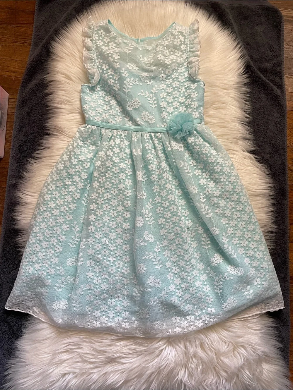 Jona Michelle Light Blue Lace-Overlay Flower Waist Dress